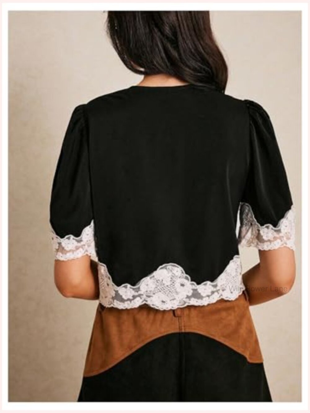 Women's Lace Crop Blouse Short Sleeve V Neck Button Down Elegant Top - Picture 3 of 5